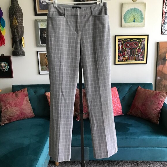 EXPRESS Columnist size 4R Stretch Gray & Pink Plaid Barely Boot Mid-Rise Pants - Picture 1 of 5
